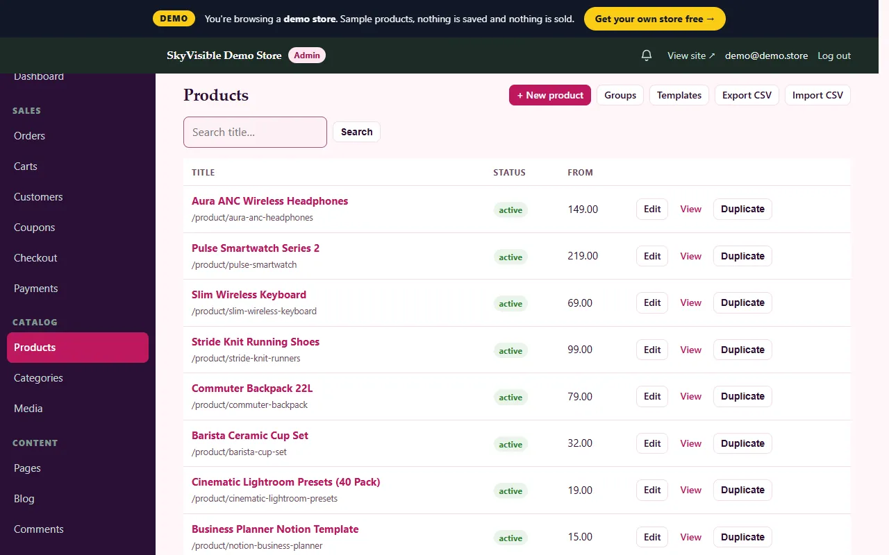 Ecommerce website builder admin: products list
