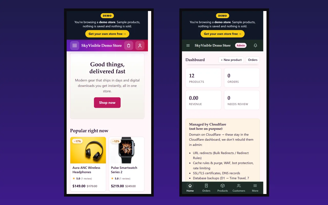 Mobile online store and admin panel on a phone