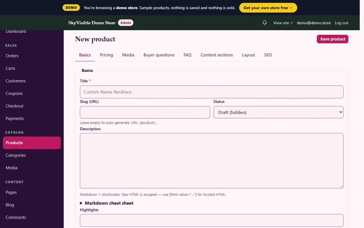 Online store builder product editor with tabs